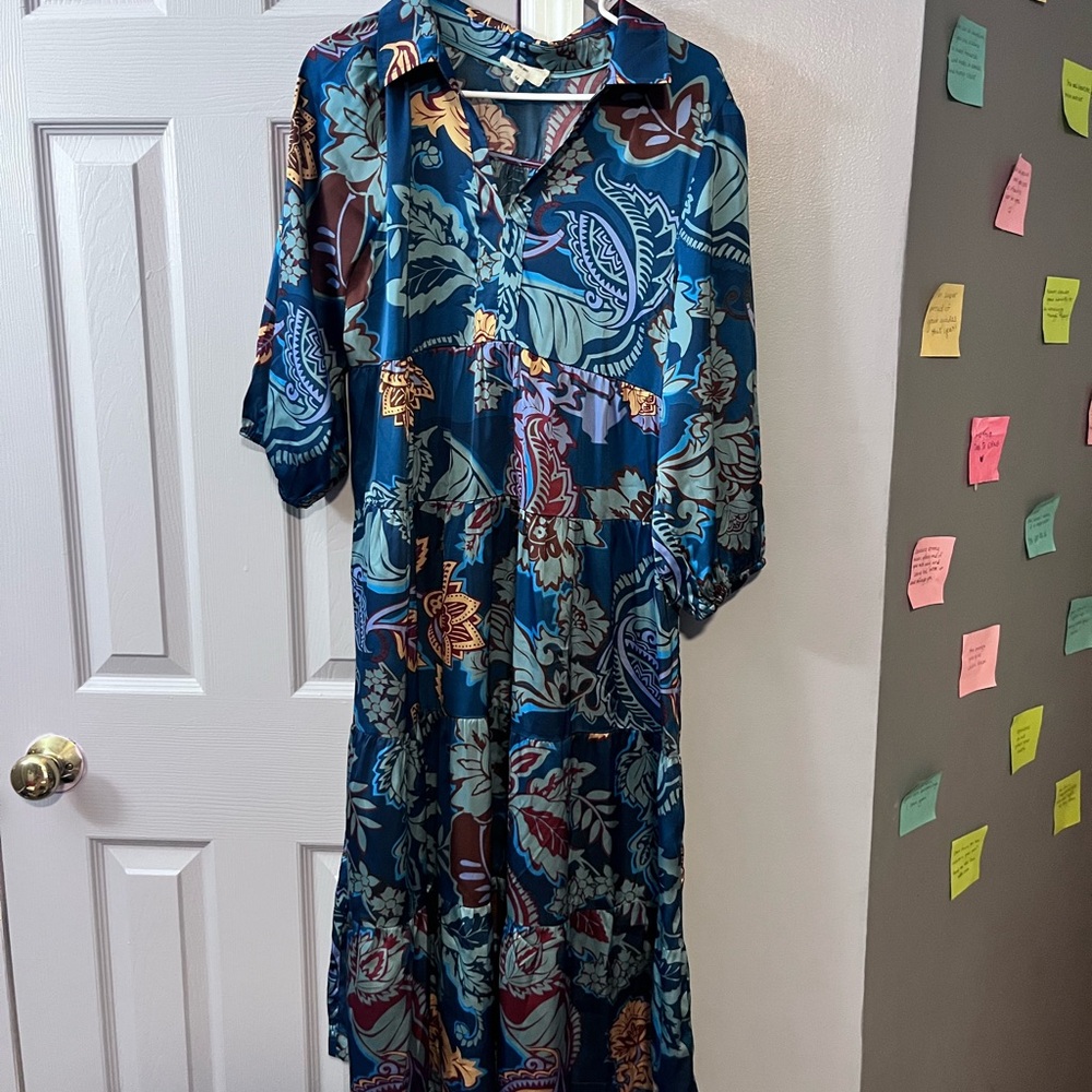 Umgee Blue and Brown Floral Midi Dress